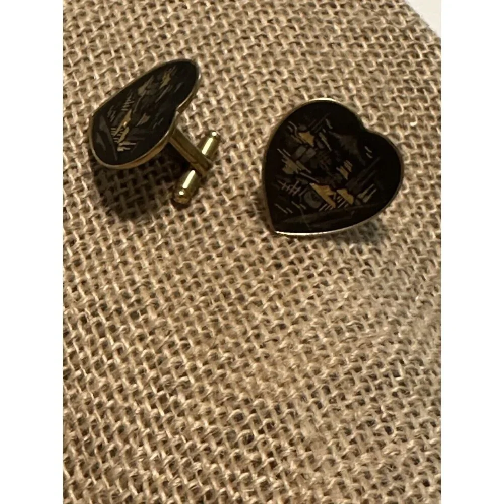 Japanese Damascene Goldtone/ Black Cufflinks AMITA Japan Heart Wedding Mountain
